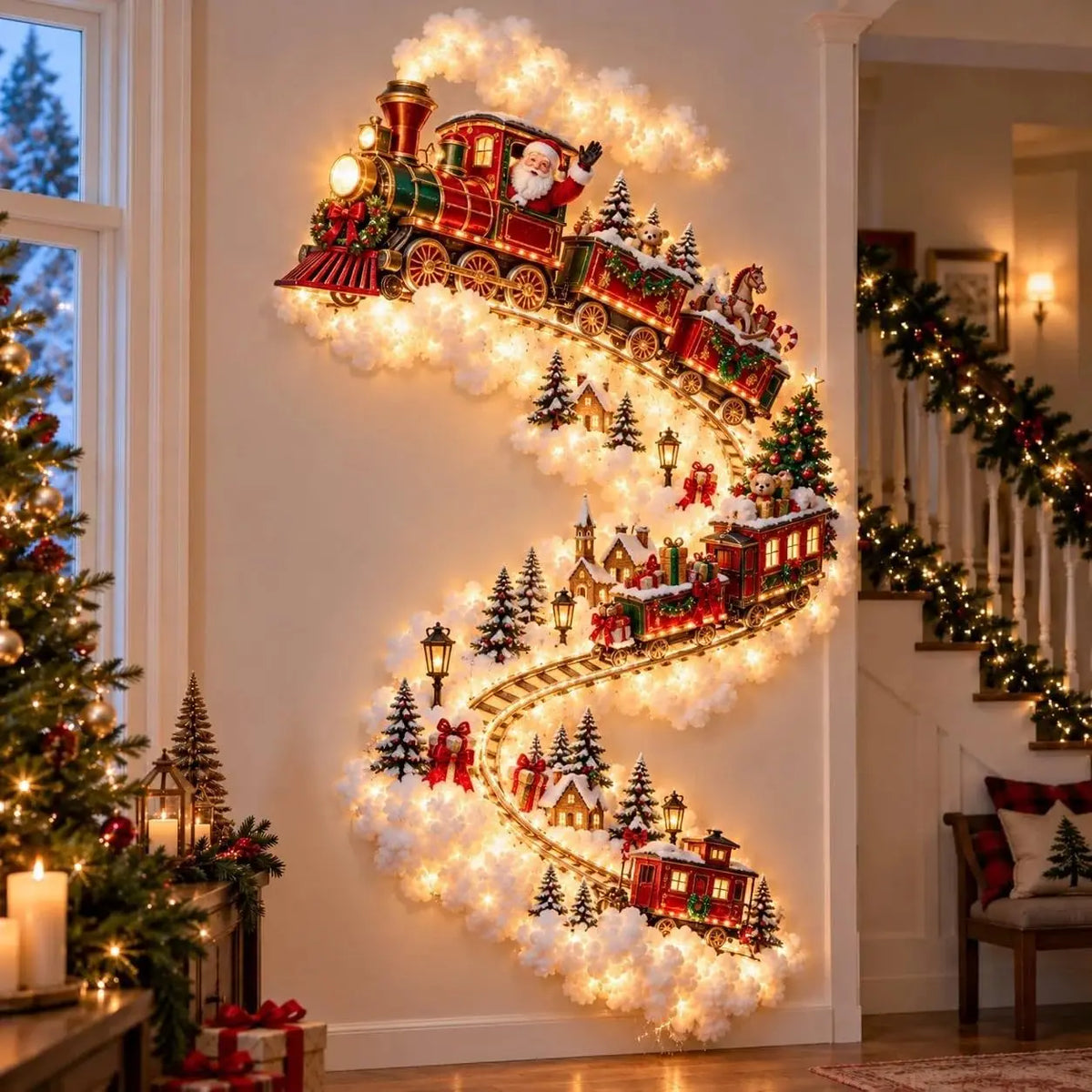A large wall-mounted Christmas train decoration with multiple glowing train cars, fluffy white cloud-like accents, small evergreen trees, and festive figures, displayed on a wall in a decorated holiday home interior.