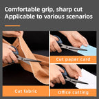 Scissors being used to cut fabric, paper, and cardstock with text indicating their versatility.
