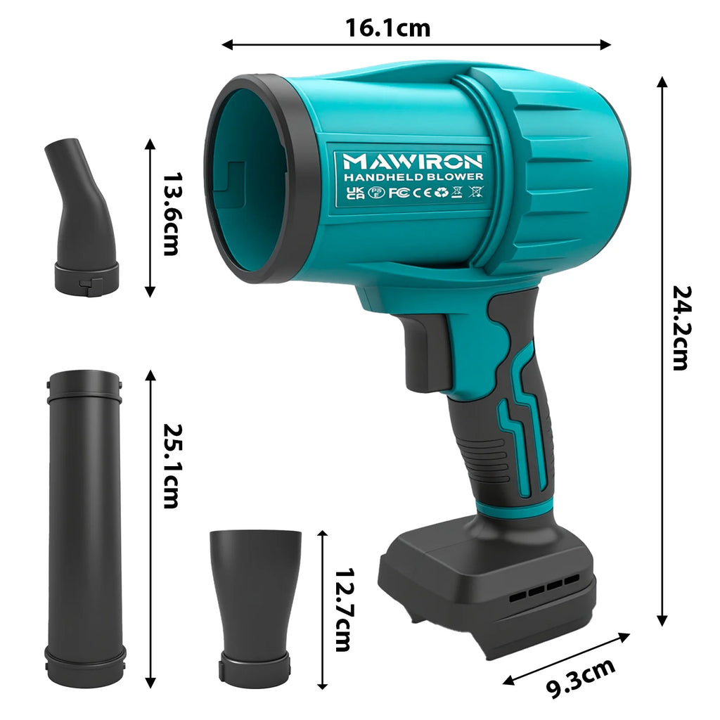 Mawiron handheld blower with attachments and dimensions on a white background