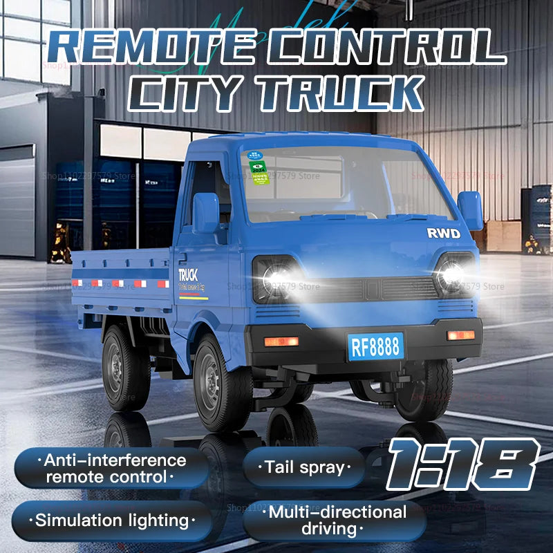 Blue toy truck with remote control features in a warehouse setting
