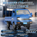 Blue toy truck with remote control features in a warehouse setting