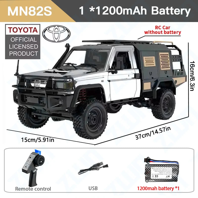 Model of a Toyota licensed RC car with battery and accessories on a white background