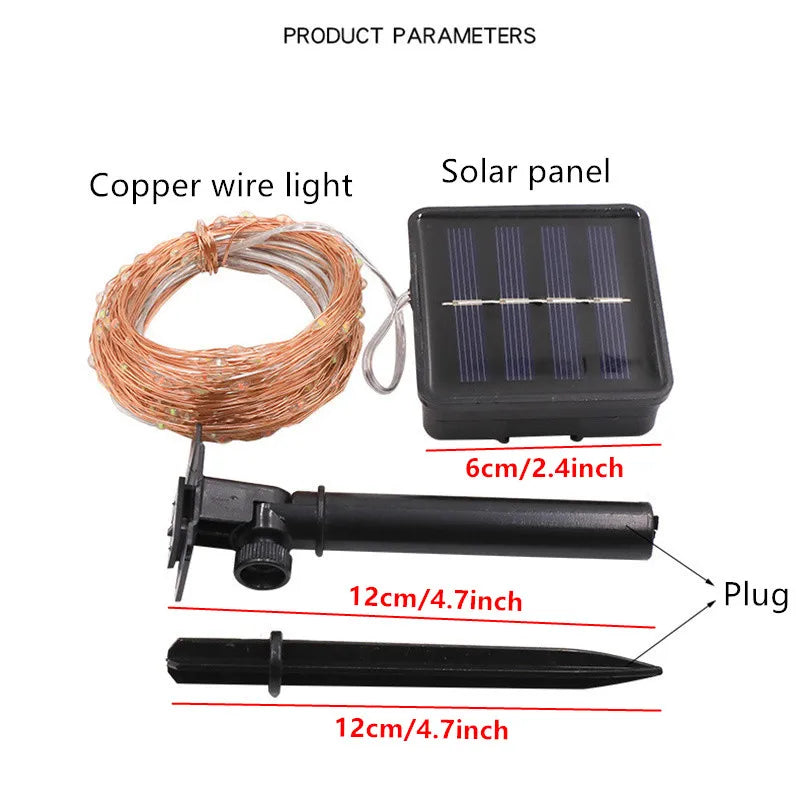 Solar-powered copper wire garden light set with a solar panel, copper wire coil, adjustable stake, and ground stake, shown with product dimensions and labels on a white background.