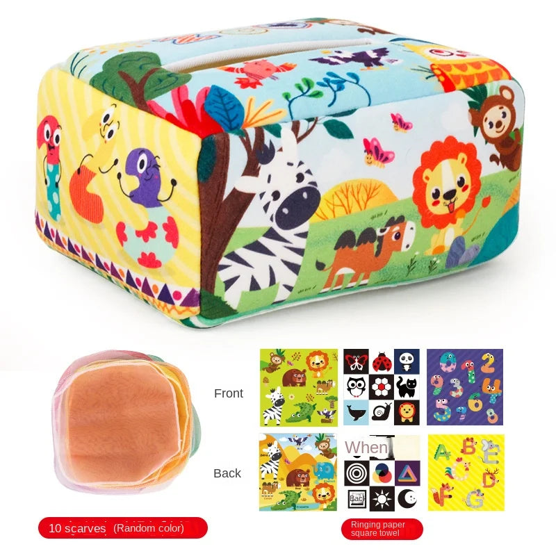Colorful tissue box cover with animal pattern and accessories on a white background