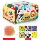 Colorful tissue box cover with animal pattern and accessories on a white background