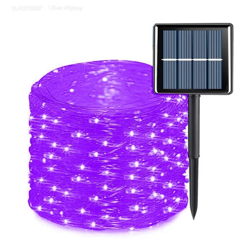 Purple solar string lights wrapped in a roll with a black stake and rectangular solar panel, shown on a white background.
