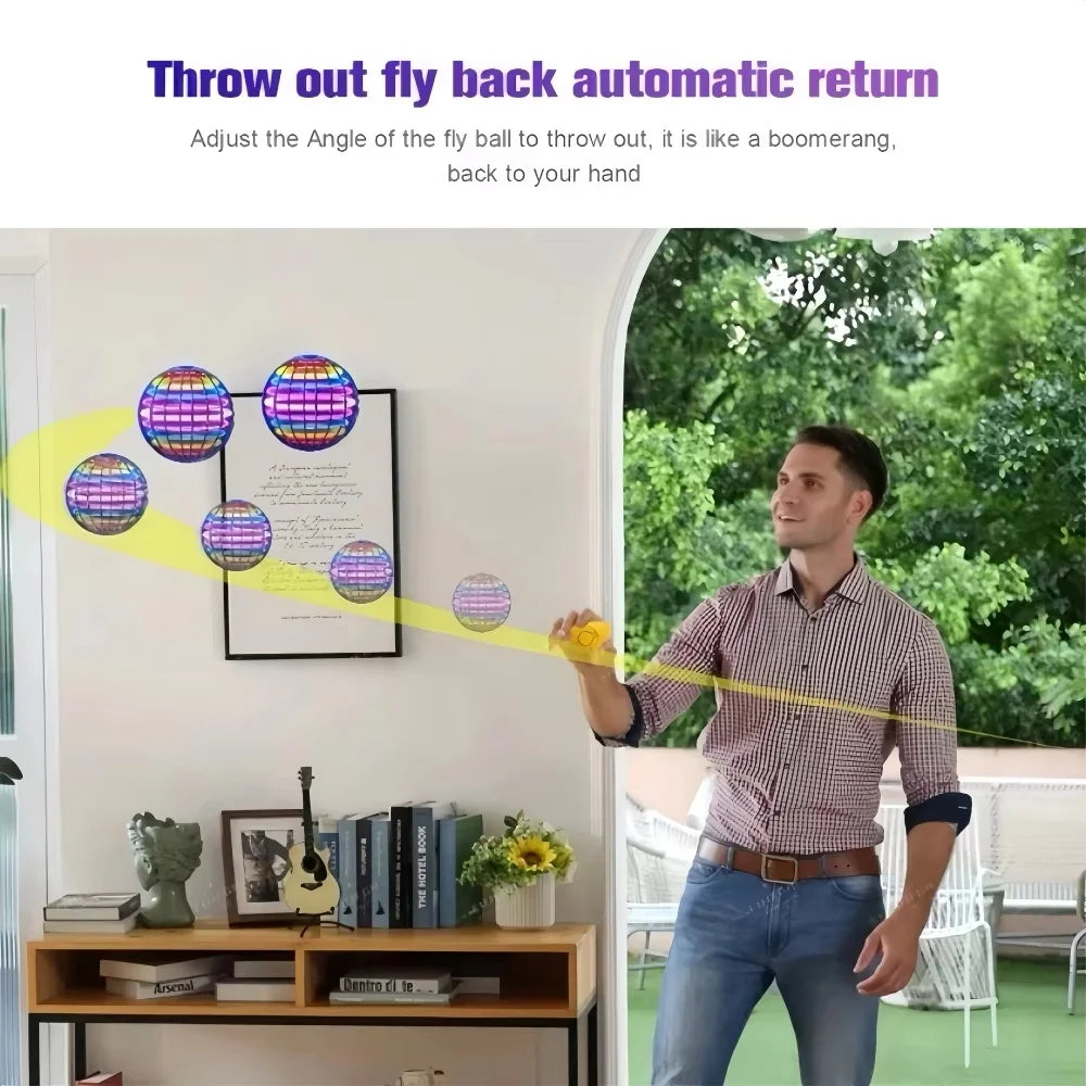 Man playing with a colorful fly ball toy in a room with greenery outside