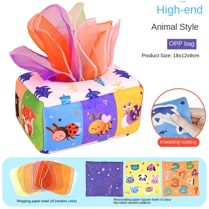 Colorful animal-themed gift bag with tissue paper and additional items on a white background