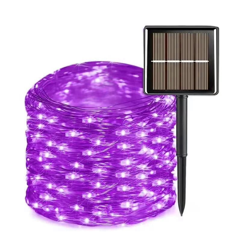 Purple solar string lights in a coiled roll with a black solar panel and stake on a white background.