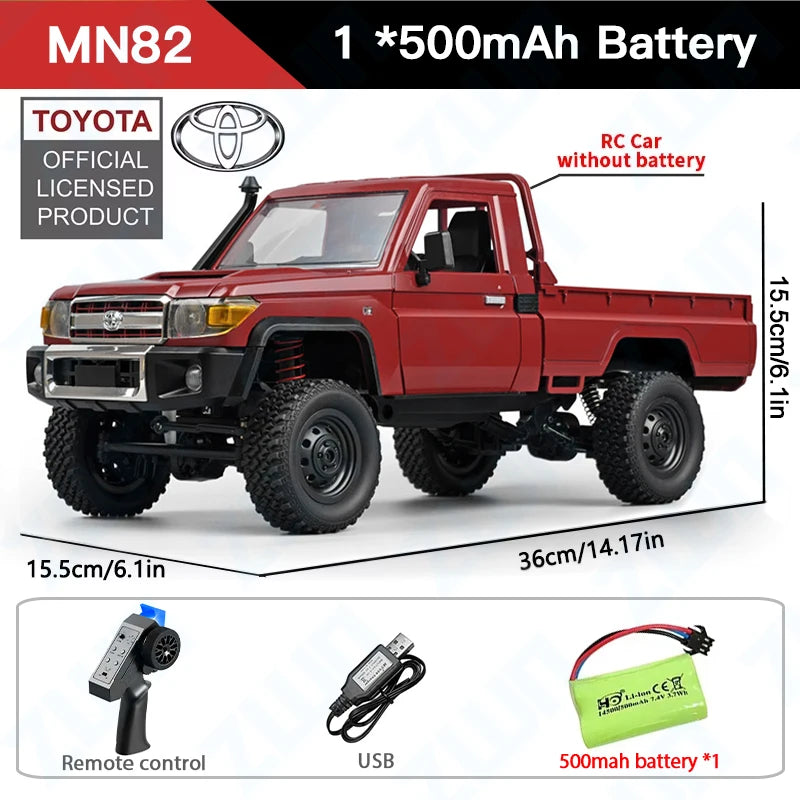 Red toy truck with remote control, USB cable, and 500mAh battery on a white background