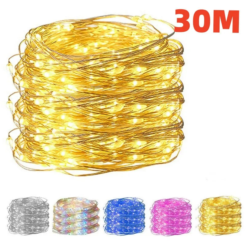A large coiled bundle of warm white fairy string lights on a white background, with a red '30M' text overlay and four smaller color variant thumbnails along the bottom showing silver, iridescent, blue, and pink options.