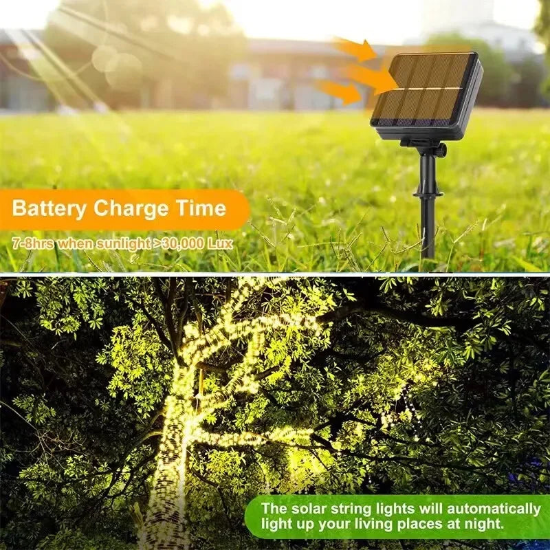Solar light on grass with battery charge time text, followed by illuminated tree with string lights.

