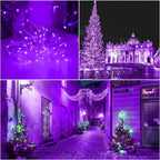 A collage showing purple LED fairy string lights: a close-up of the light cluster, and several outdoor scene examples including a large Christmas tree lit in purple, garlands strung between buildings, and small Christmas trees on a cobblestone street at night.