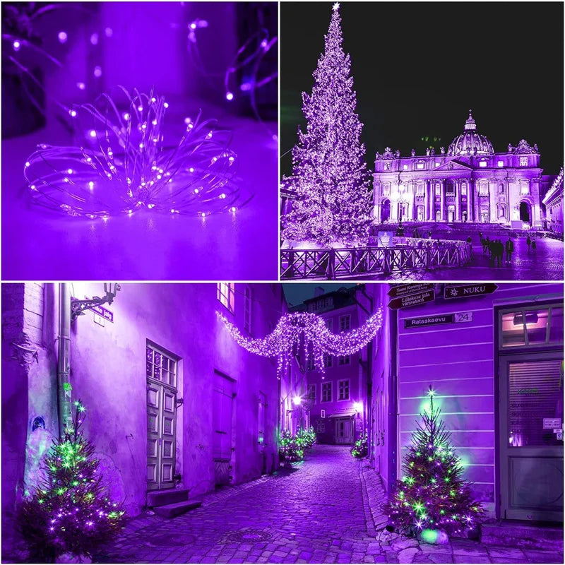 A collage showing purple LED fairy string lights: a close-up of the light cluster, and several outdoor scene examples including a large Christmas tree lit in purple, garlands strung between buildings, and small Christmas trees on a cobblestone street at night.