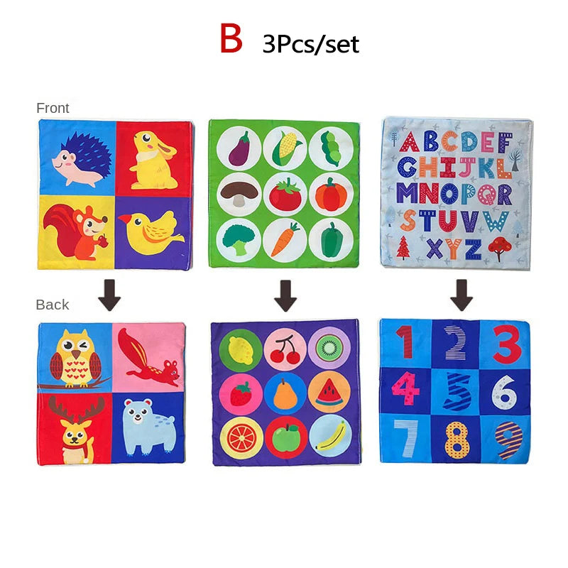 Set of three educational children's learning mats with animals, vegetables, and numbers.