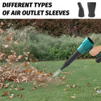 Person using a leaf blower with different air outlet sleeves on a grassy area.