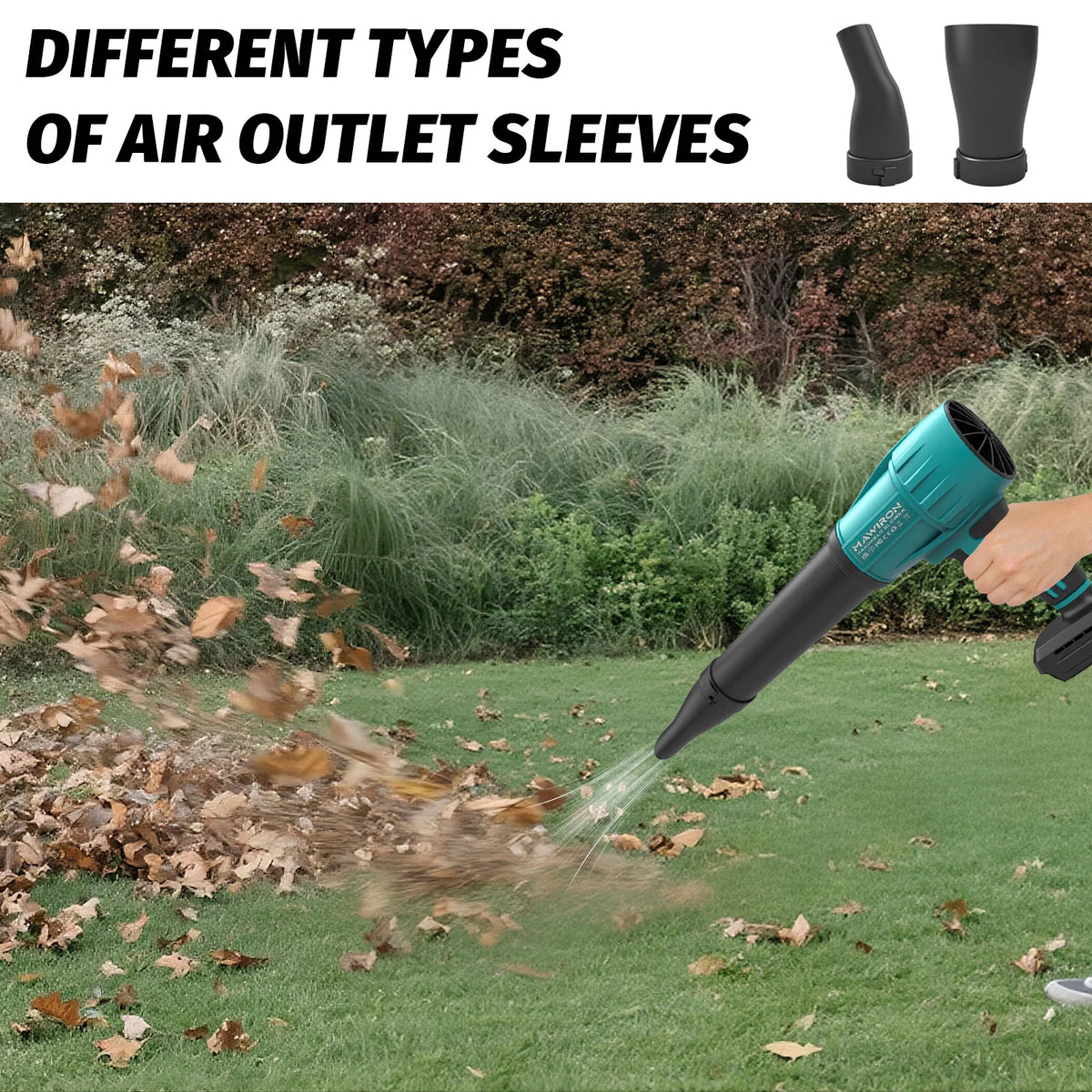 Person using a leaf blower with different air outlet sleeves on a grassy area.