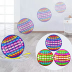 Colorful neon globe balls floating and bouncing on a light wood floor, with one ball sinking into yellow liquid-like distortion and three inset close-ups showing different glowing color patterns