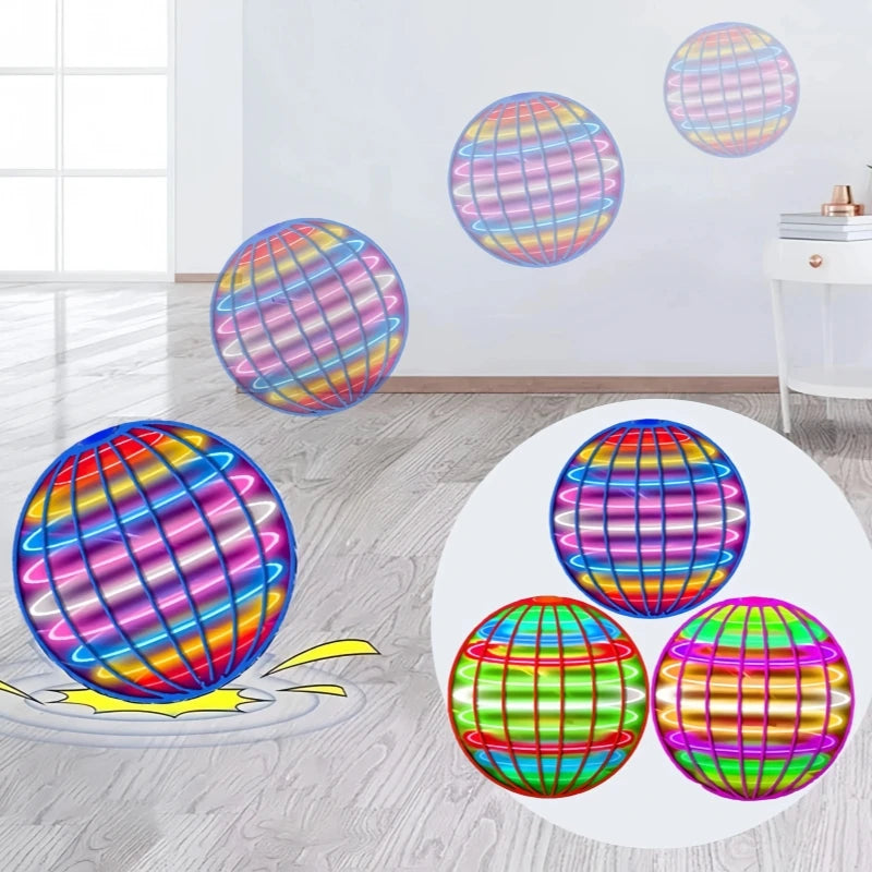 Colorful neon globe balls floating and bouncing on a light wood floor, with one ball sinking into yellow liquid-like distortion and three inset close-ups showing different glowing color patterns