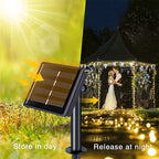 Solar panel with lights in a garden setting, showing day and night functionality.