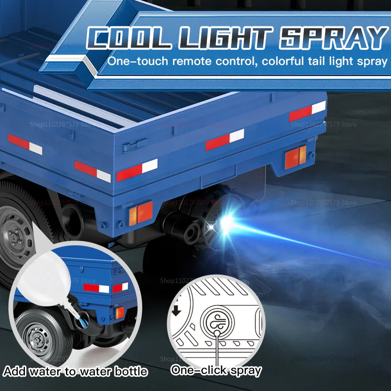 Blue truck with cool light spray feature, showing remote control and water bottle addition.