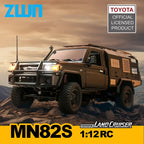 A 1:12 scale RC model of a Toyota Land Cruiser MN82S, shown in a dark olive brown color, driving on rocky terrain. The image features branding for 'ZWN' and 'Toyota Official Licensed Product' along with 'Toyota Land Cruiser MN82S 1:12 RC' text on a yellow banner at the bottom.