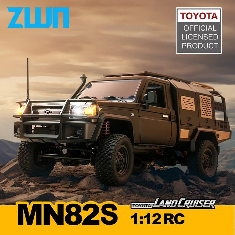 A 1:12 scale RC model of a Toyota Land Cruiser MN82S, shown in a dark olive brown color, driving on rocky terrain. The image features branding for 'ZWN' and 'Toyota Official Licensed Product' along with 'Toyota Land Cruiser MN82S 1:12 RC' text on a yellow banner at the bottom.