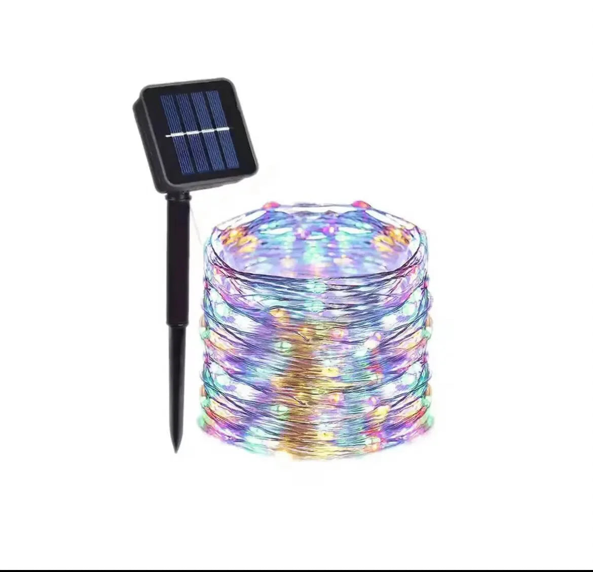 Multicolored string lights with solar panel on a white background