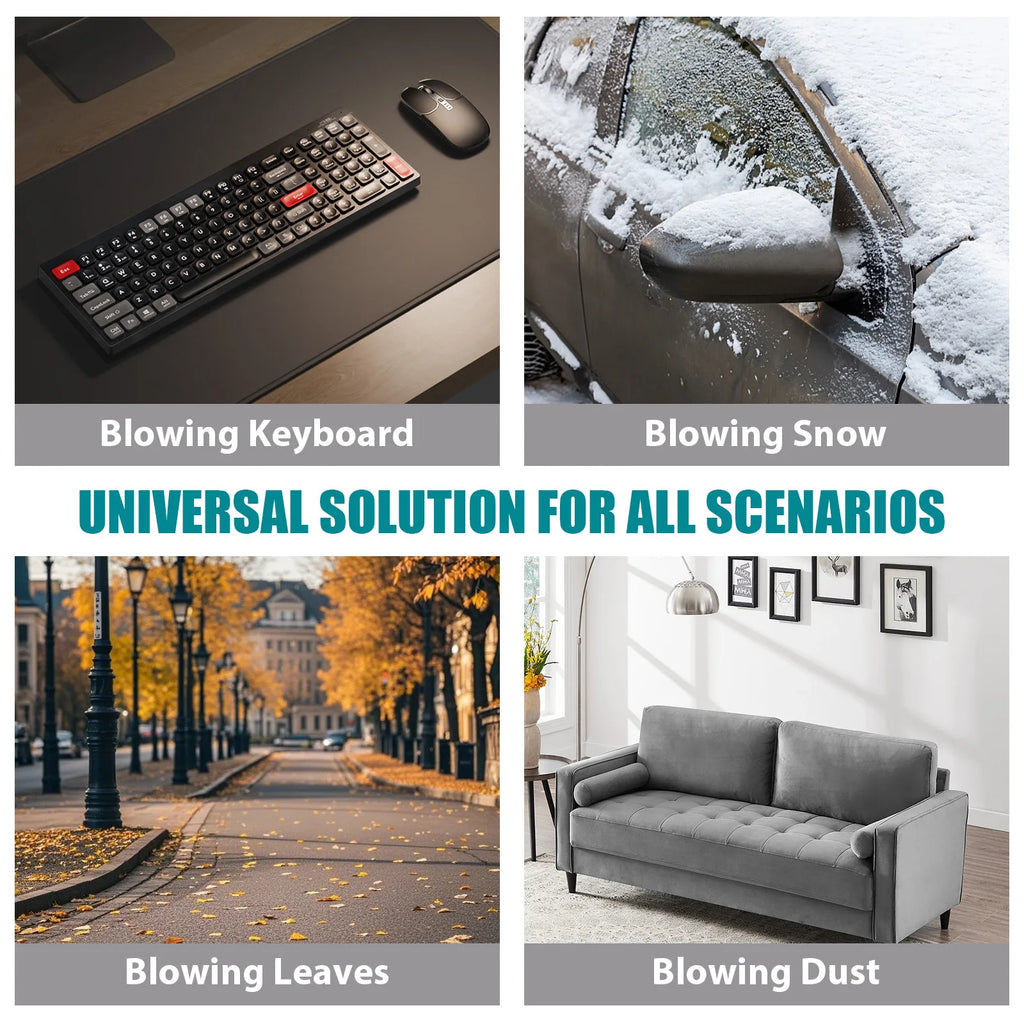 Collage of a blowing keyboard, snow removal, autumn leaves, and dust blowing scenarios with text 'Universal Solution for All Scenarios'.