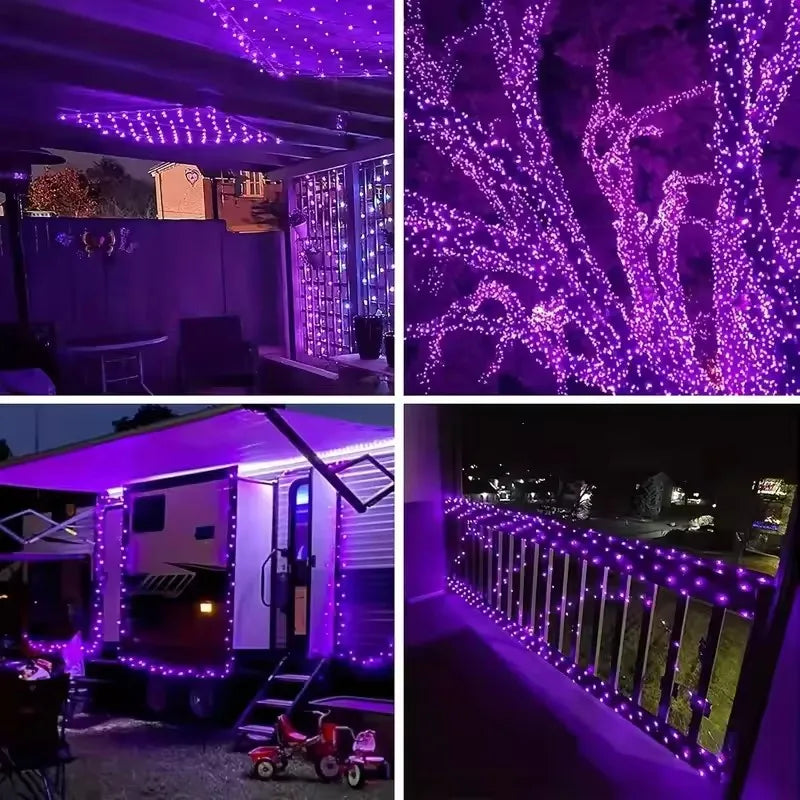A four-panel collage showing purple string light decorations in use: overhead garland under a covered patio, a tree covered in dense purple lights, a trailer or camper outlined with purple lights, and a balcony railing lit in purple at night.