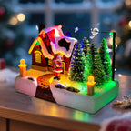Decorative Christmas scene with a house, trees, and Santa Claus on a blurred festive background.