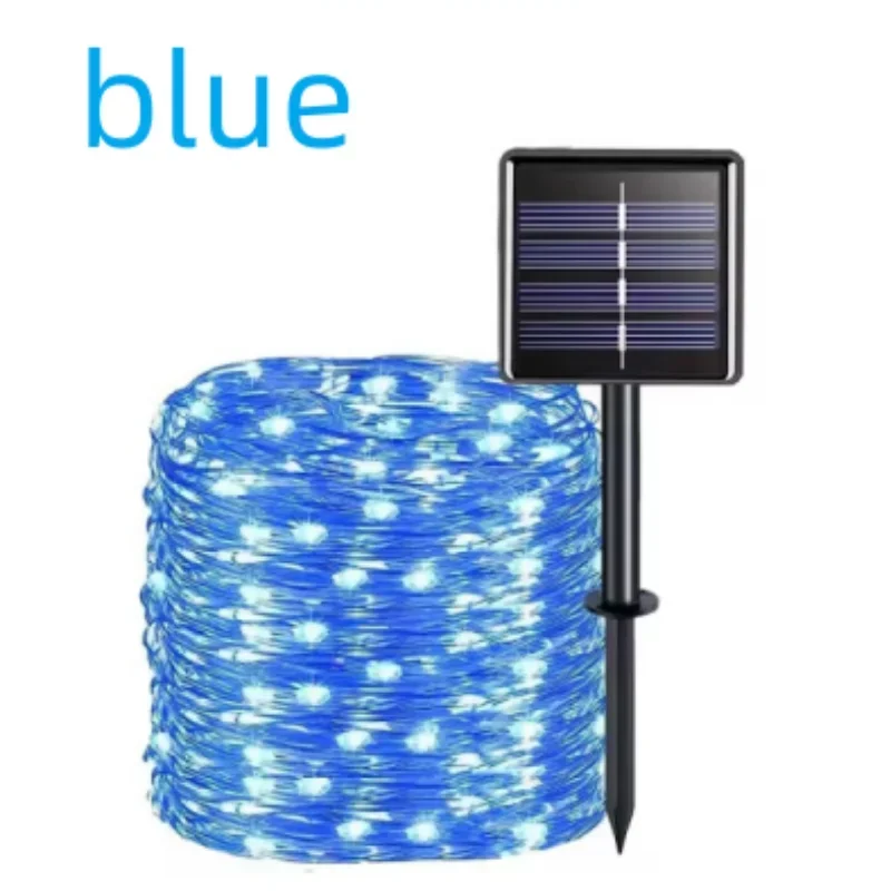 Blue solar string lights with a coiled wire and a small black solar panel stake, shown on a white background with the word 'blue' in the top left.