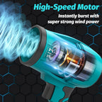 A teal and black handheld leave cleaner shown at an angle with a transparent cutaway revealing internal motor components. Blue airflow graphics emerge from the nozzle, and marketing text at the top reads 'High-Speed Motor' and 'Instantly burst with super strong wind power' over a dark hexagonal background.
