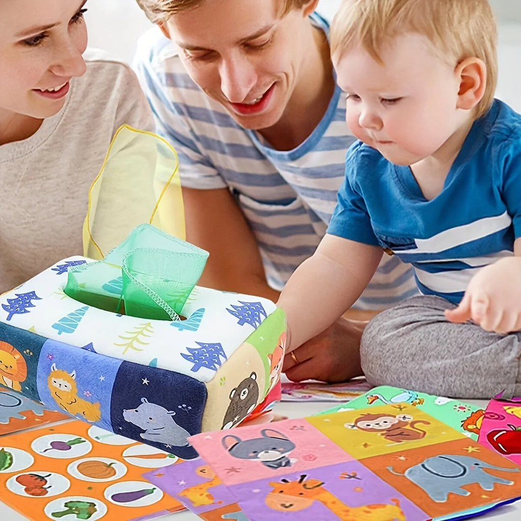 Family with a child interacting with educational toys on a colorful mat