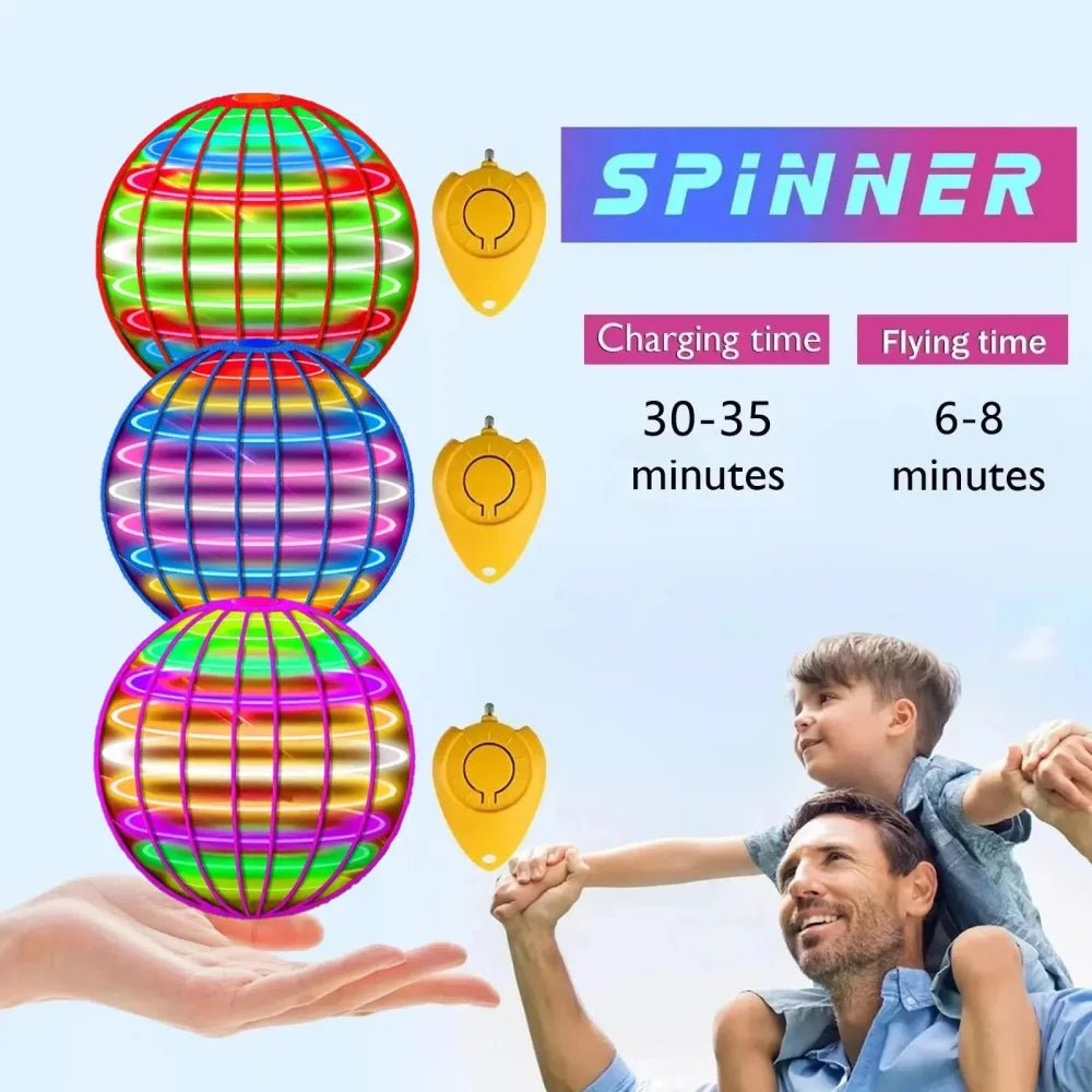 Colorful spinner toy with charging and flying time details, shown with a child and adult.