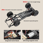 Comparison of a four-link straight bridge before and after modifications with text labels on a beige background.
