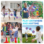 Collage of people playing with colorful toys in various settings.