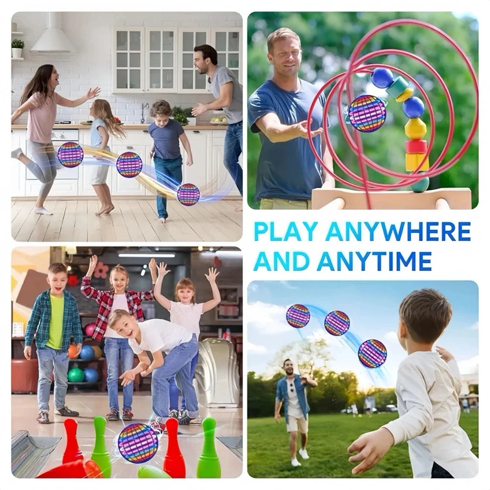 Collage of people playing with colorful toys in various settings.