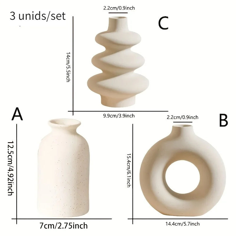 Three ceramic vases with measurements on a white background