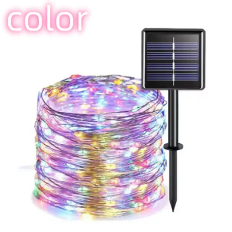 Multicolor solar string lights with a coiled wire and glowing bulbs, shown next to a black solar panel stake on a white background with a pink 'color' text overlay.