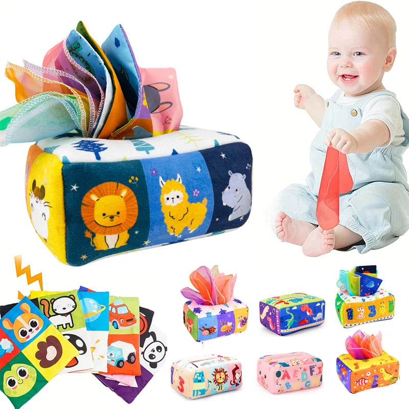 A collage showing a baby tissue box in the shape of a cube with colorful animal and space-themed fabric panels, plus several smaller matching tissue box designs and a smiling baby holding a red tissue. The baby and products are photographed on a clean white background.

Details