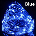 Coiled blue LED string light on a black background with 'Blue' text above