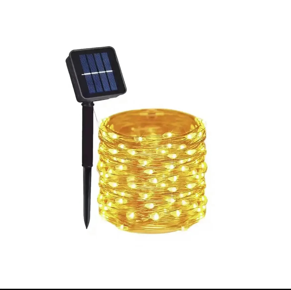 Solar-powered string lights with a solar panel on a white background