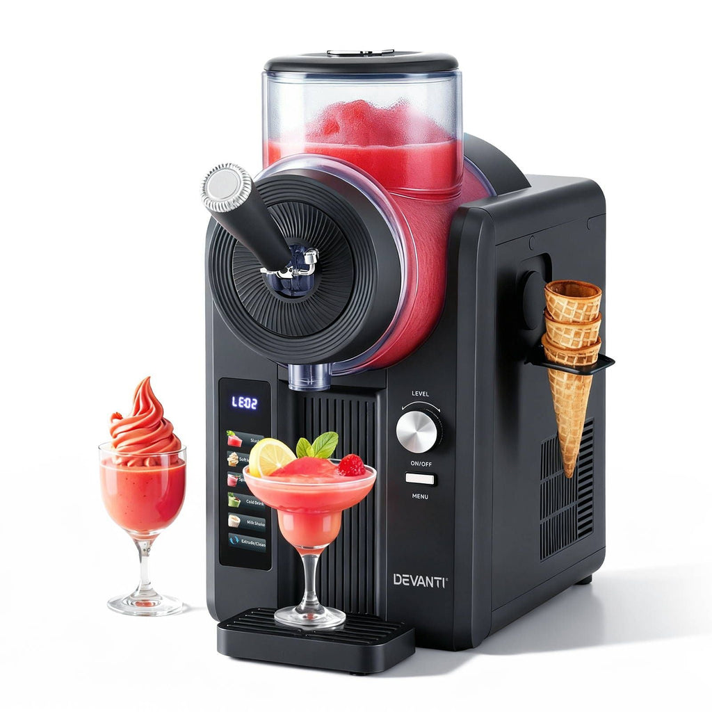 Devanti ice cream machine with red slush, glass, and cone on a white background

Details