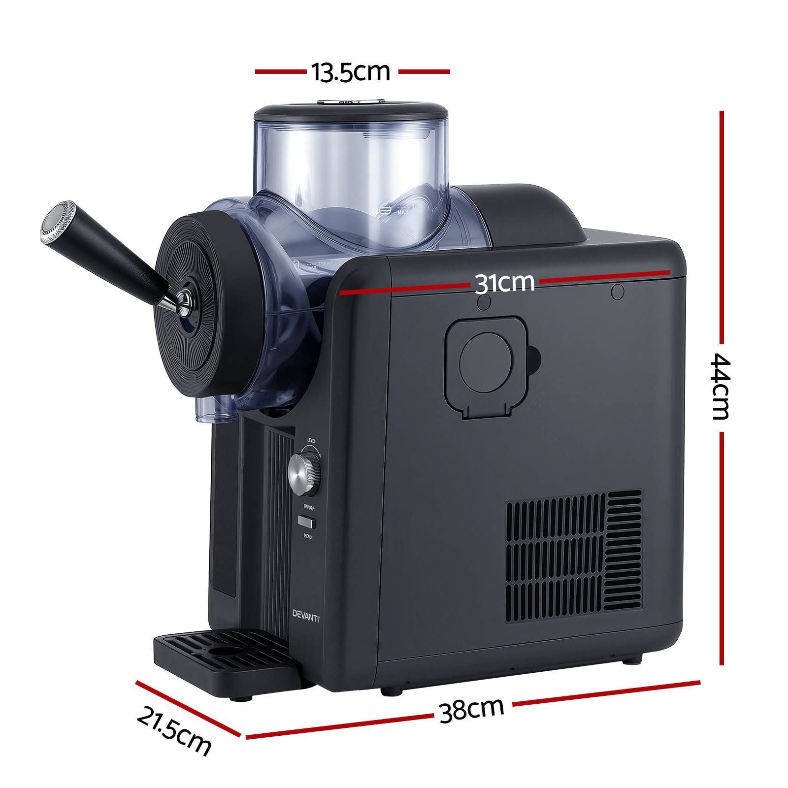 Black coffee grinder with dimensions marked on a white background