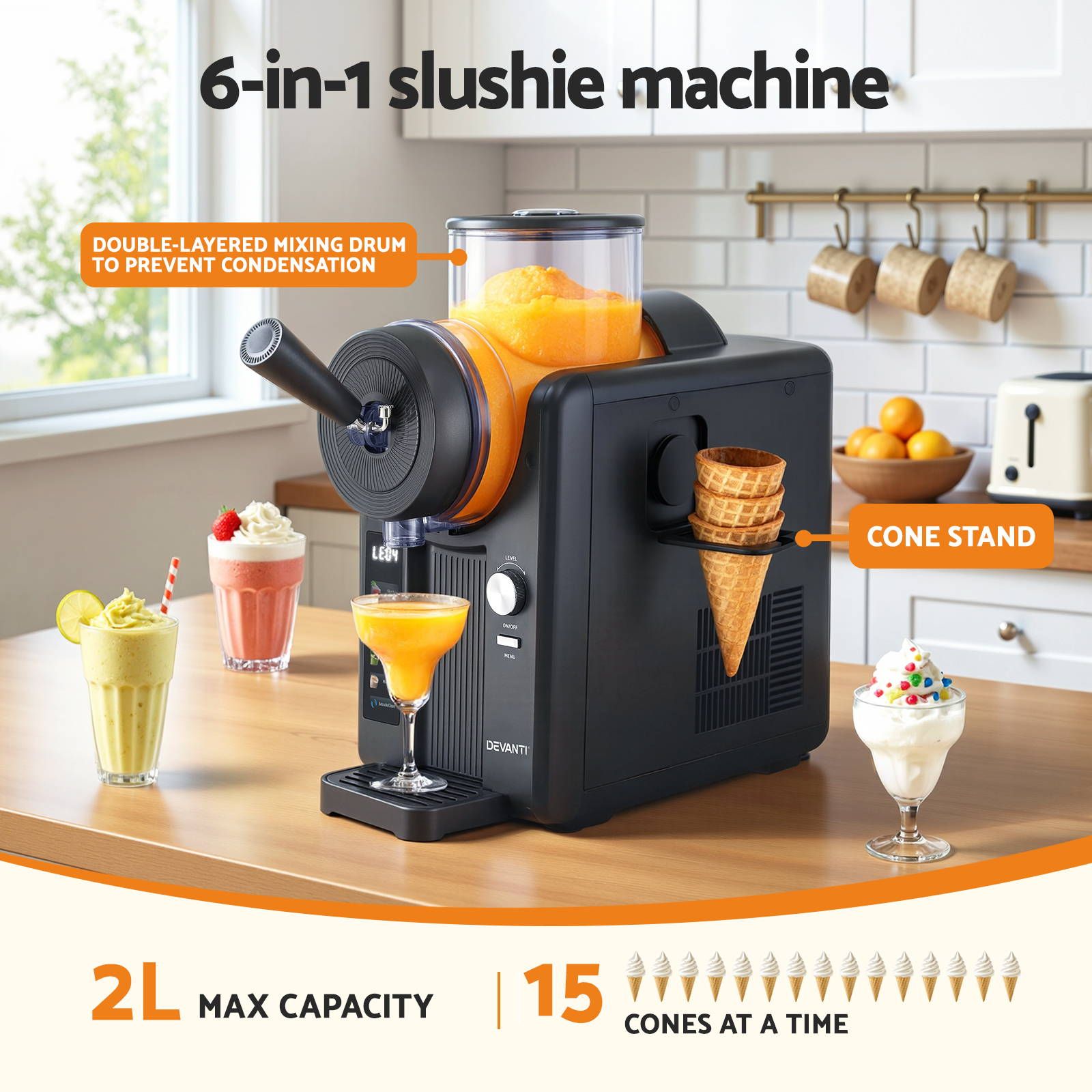6-in-1 slushie machine on a kitchen counter with various slushie and ice cream items.
