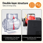 Double-layer structure design with safety and energy saving features, showing condensation-free design and temperature maintenance.
