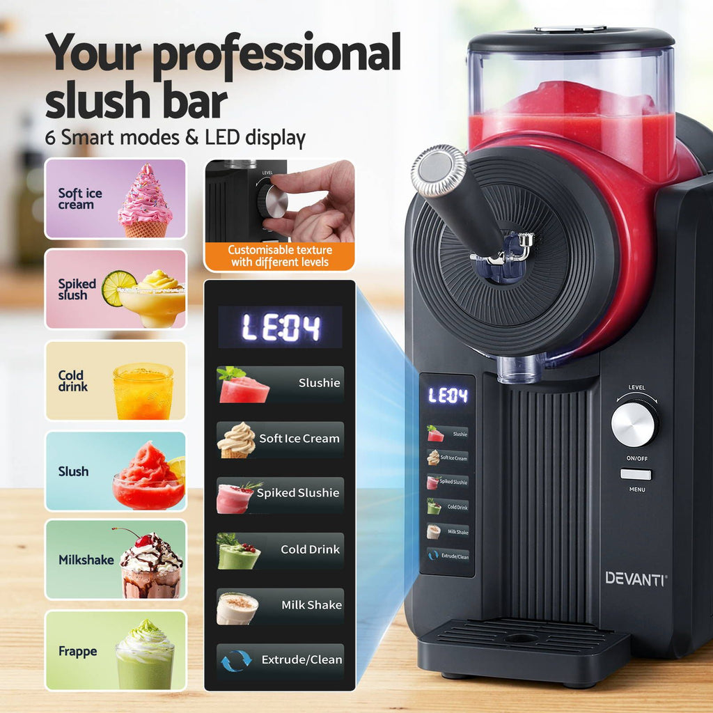 Devanti slush machine with digital display and various slushy options on a wooden surface.