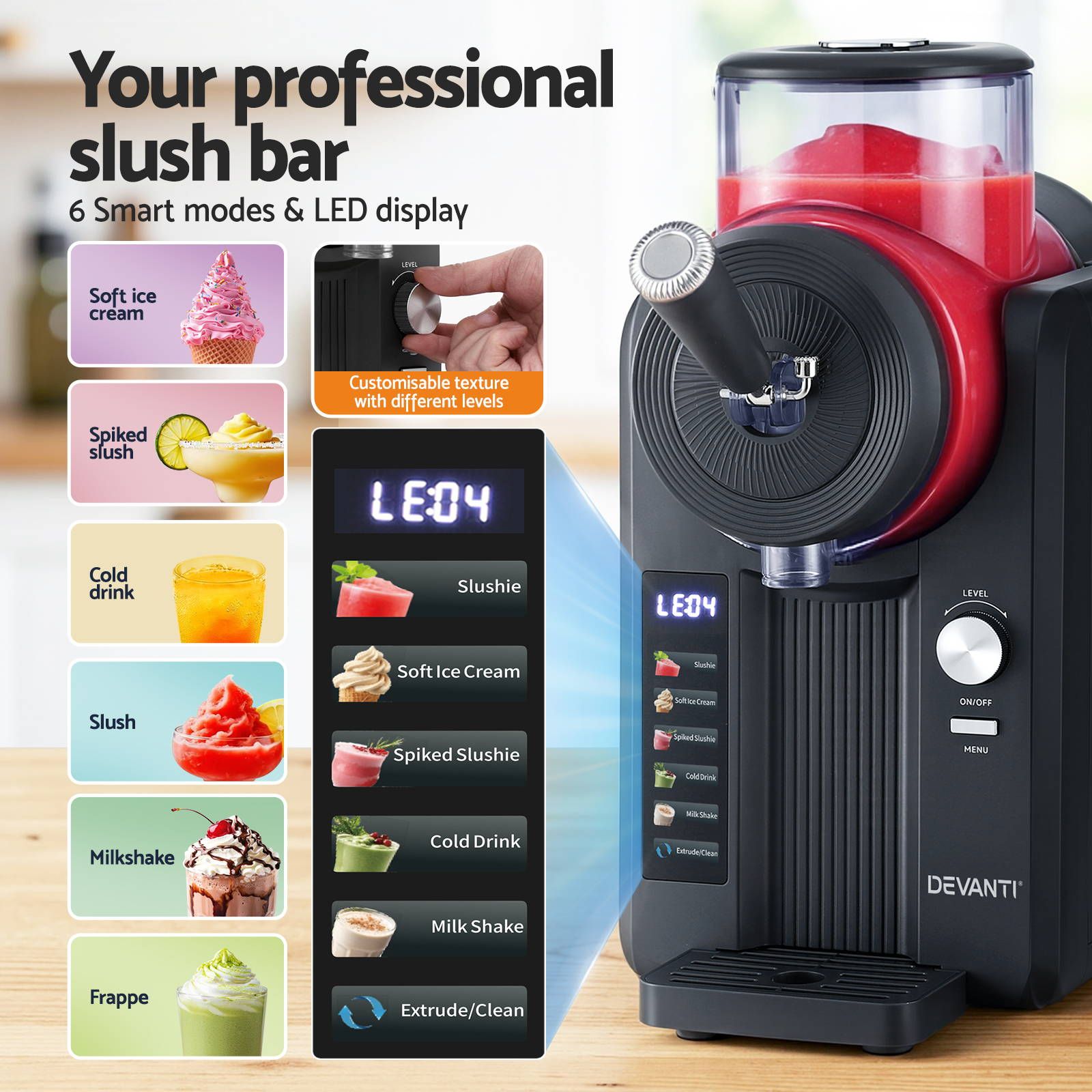 Devanti slush machine with digital display and various slushy options on a wooden surface.