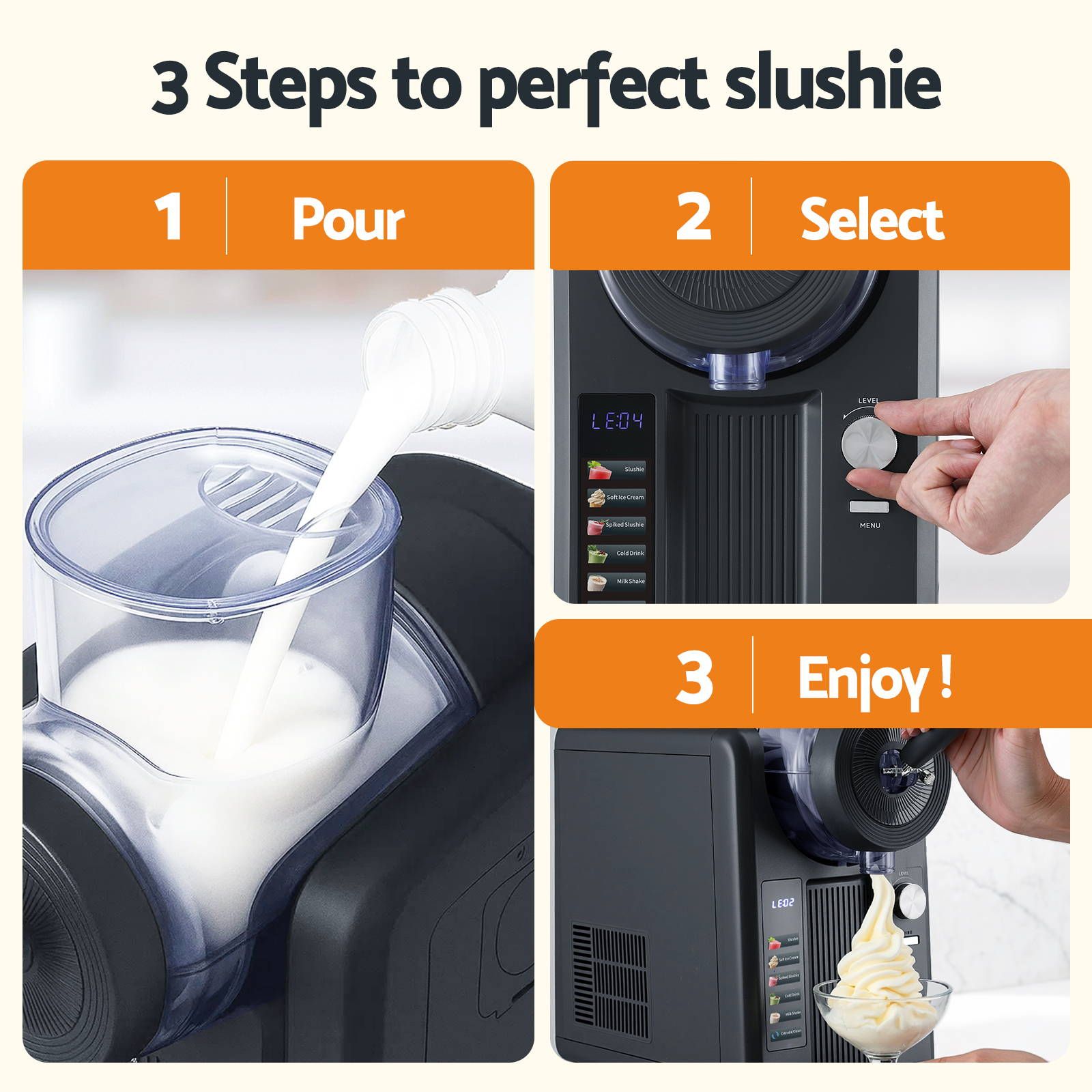 Three-step process for making a perfect slushie using a blender.